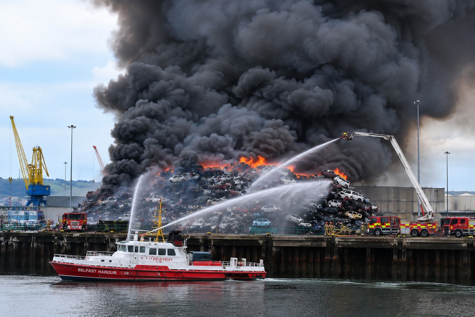 Firefighters Continue Battle Against Major Scrap Car Blaze at Belfast Harbour